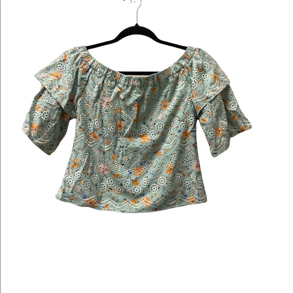 Anthropologie Laia Ashtabula Green Floral Print Cropped Ruffled Sleeve t… - Picture 5 of 9